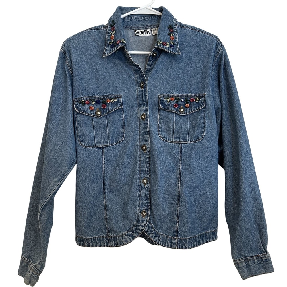 Vtg Y2K Embroidered Floral Denim Jean Jacket Sz XL Button Up Shacket Tie